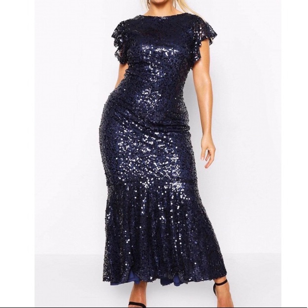 Navy blue sequin dress by Boohoo